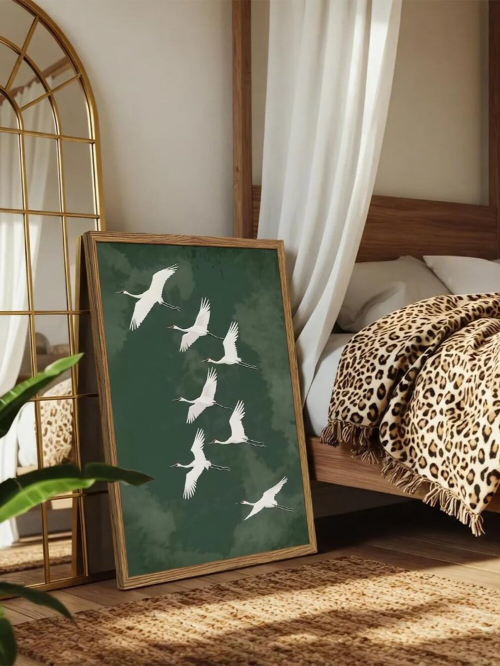 Framed Japanese Flying Cranes Wall Art, Vintage Bird Pictures Wall Decor Paintin - Picture 7 of 9